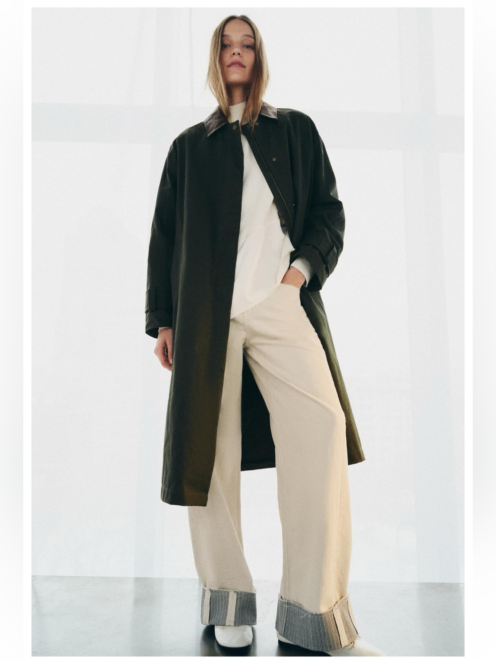 ZARA CONTRAST FAUX LEATHER COLLAR TRENCH COAT ZW COLLECTION